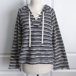 Sanctuary Baja Hoodie Lace Up V-Neck Striped Long Sleeve Navy Off White L NWT